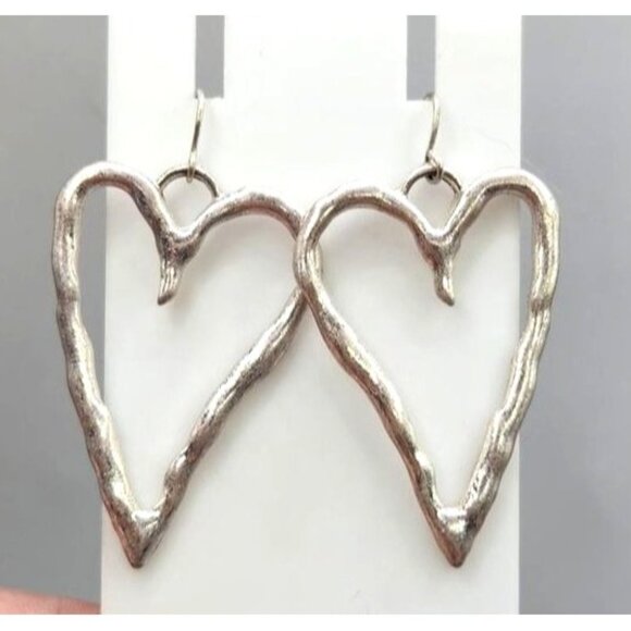 Silver Tone Heart Shaped Dangle Earrings - 2" - Picture 1 of 2